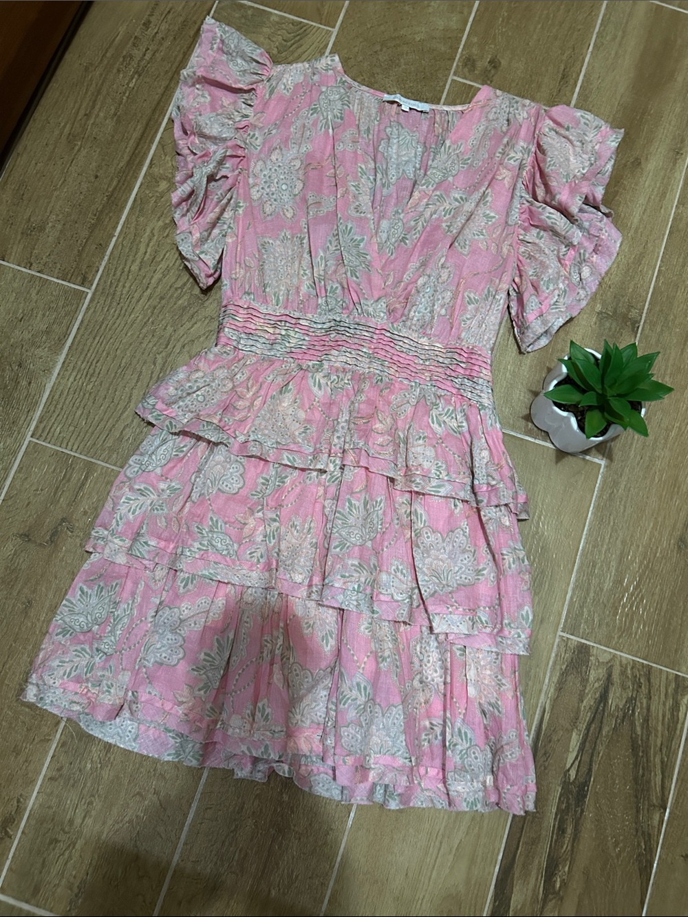 Olivaceous Pink Floral Tiered Ruffle Dress